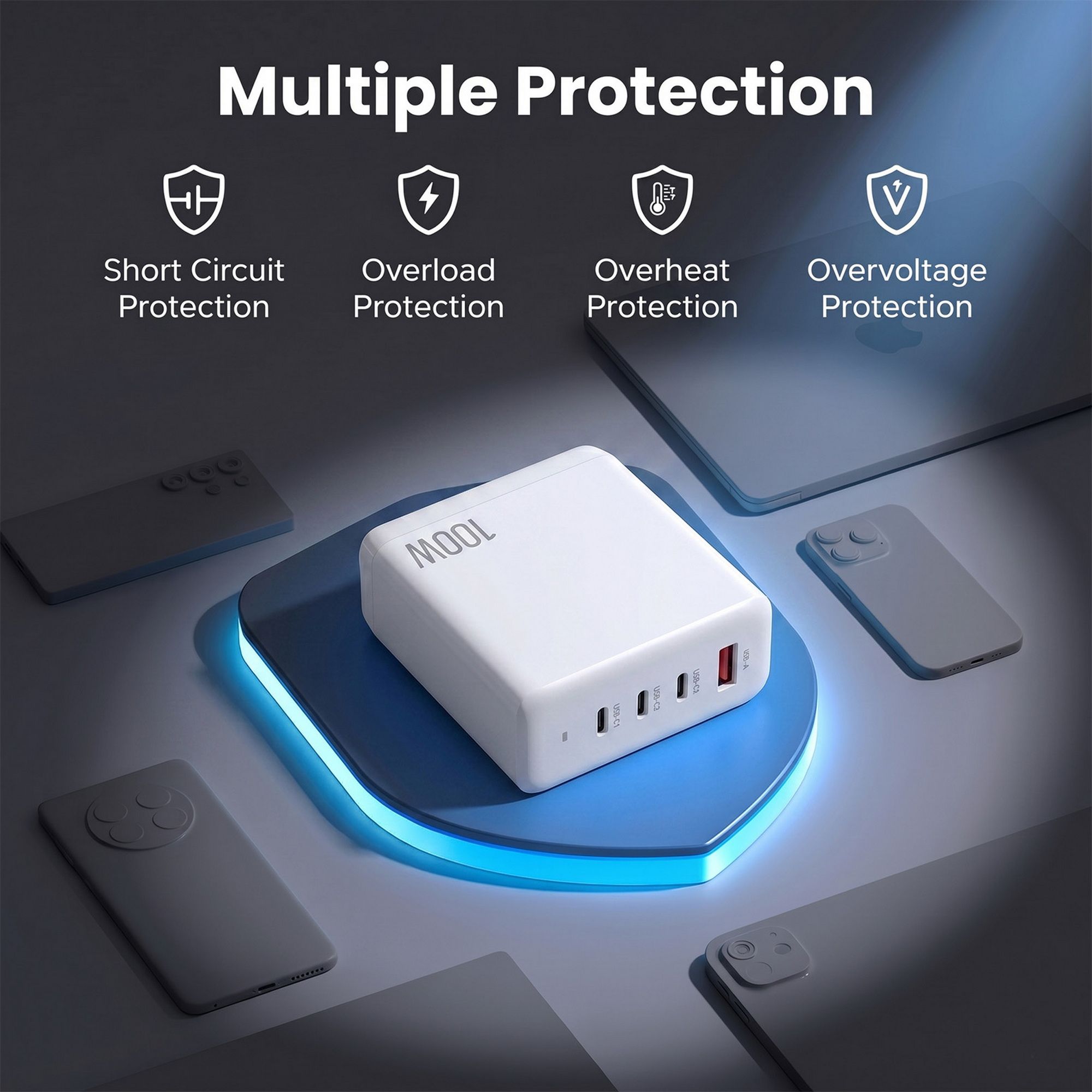 Devanti USB C Charger 100W Fast Charger 4 Port GaN Desktop Station White