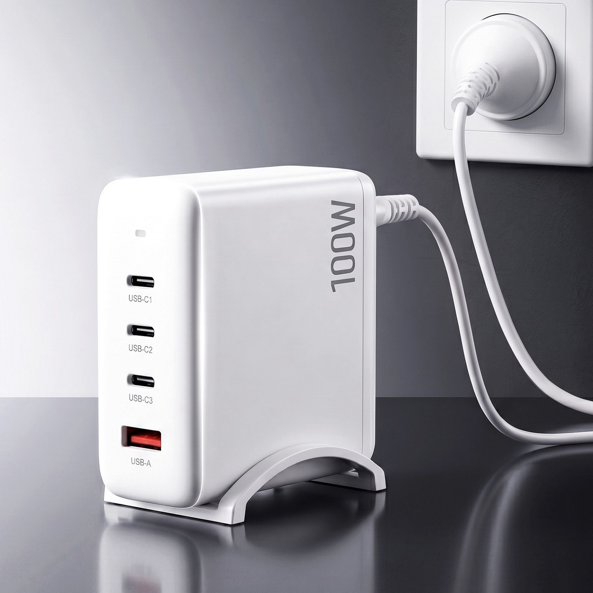 Devanti USB C Charger 100W Fast Charger 4 Port GaN Desktop Station White