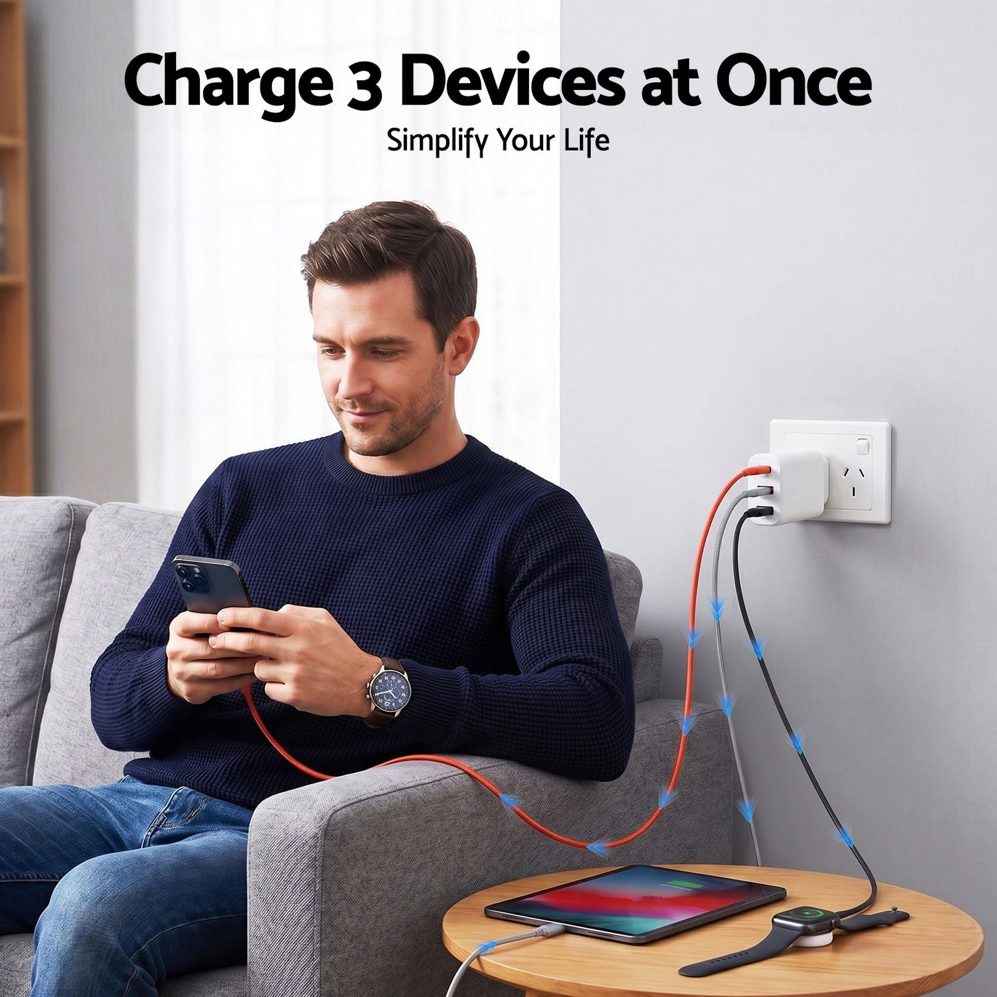 Devanti USB C Charger 30W Fast Charger 3 Port PD Charging Block White