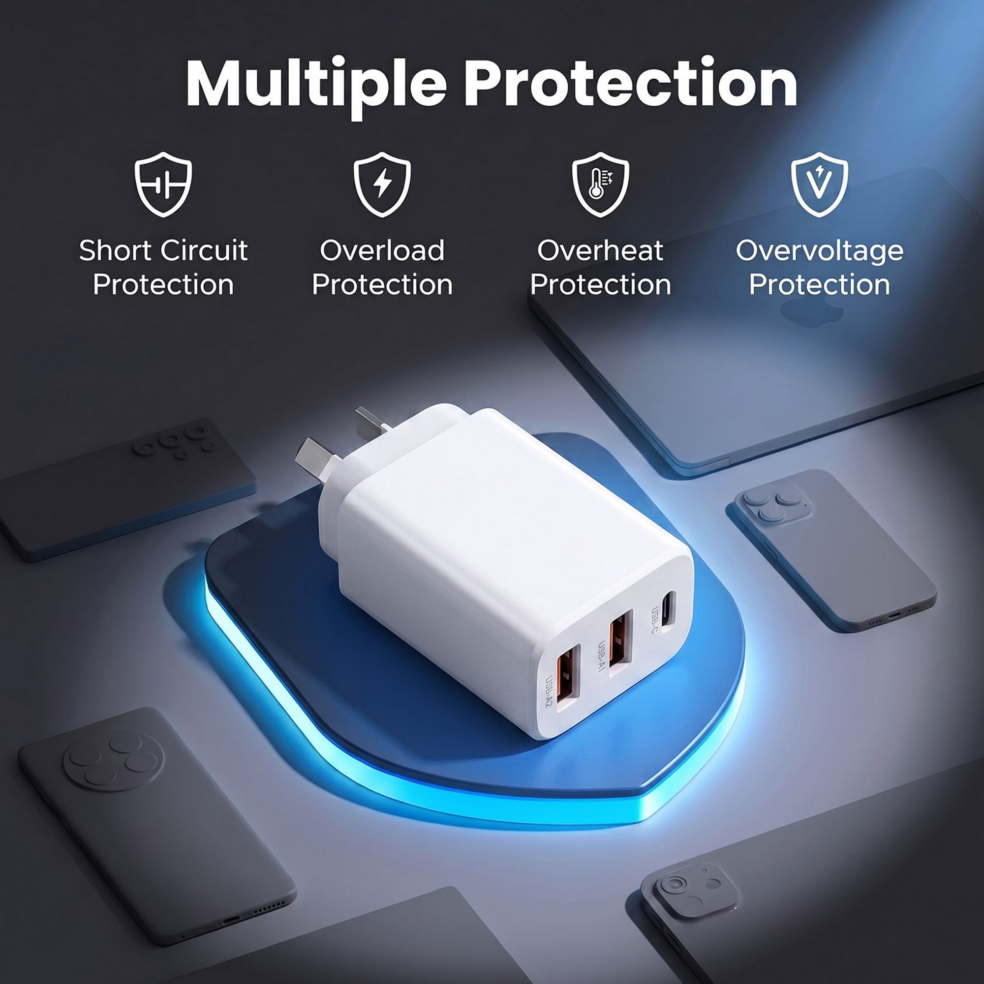 Devanti USB C Charger 30W Fast Charger 3 Port PD Charging Block White