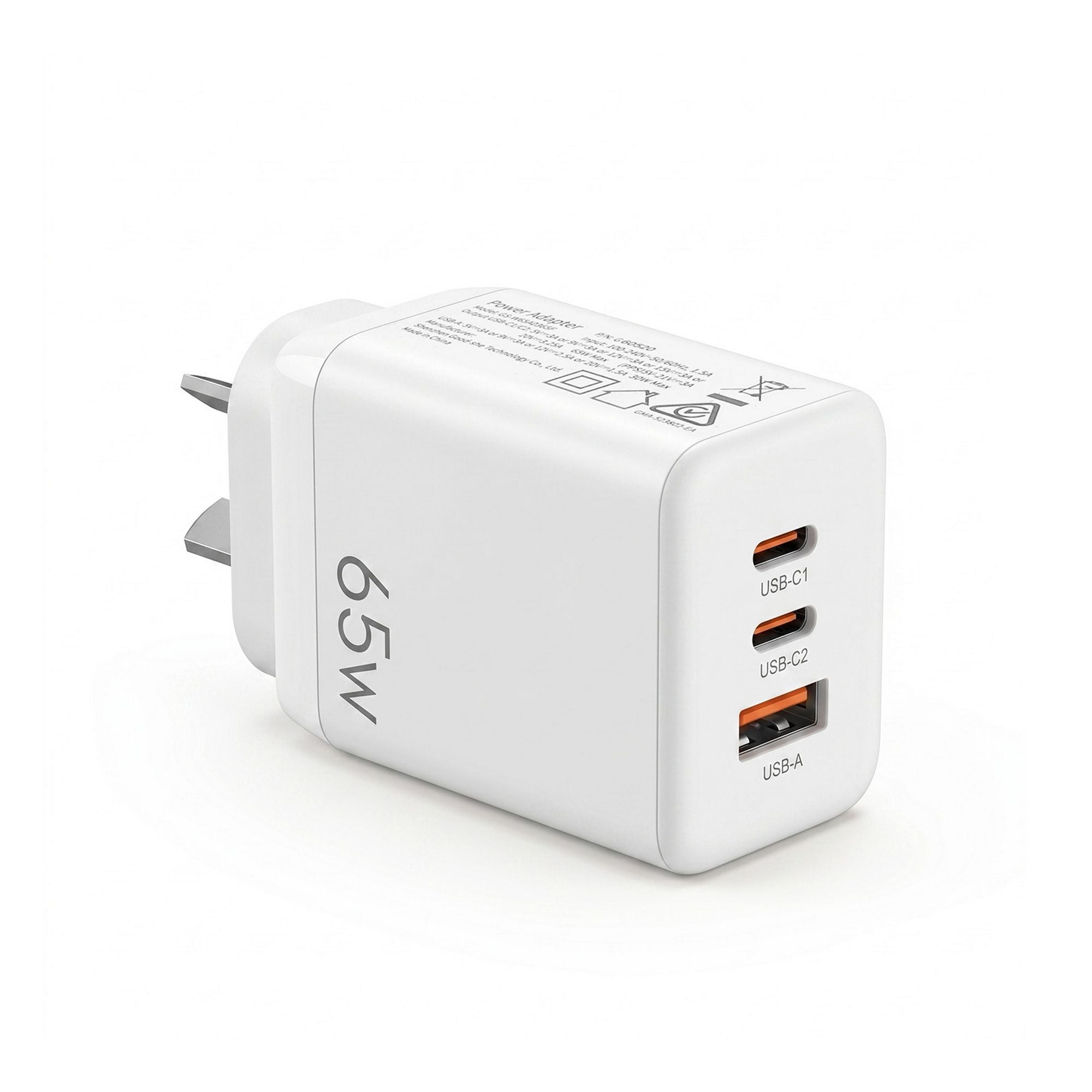 Devanti USB C Charger 65W Fast Charger 3 Port PD Wall Adapter White
