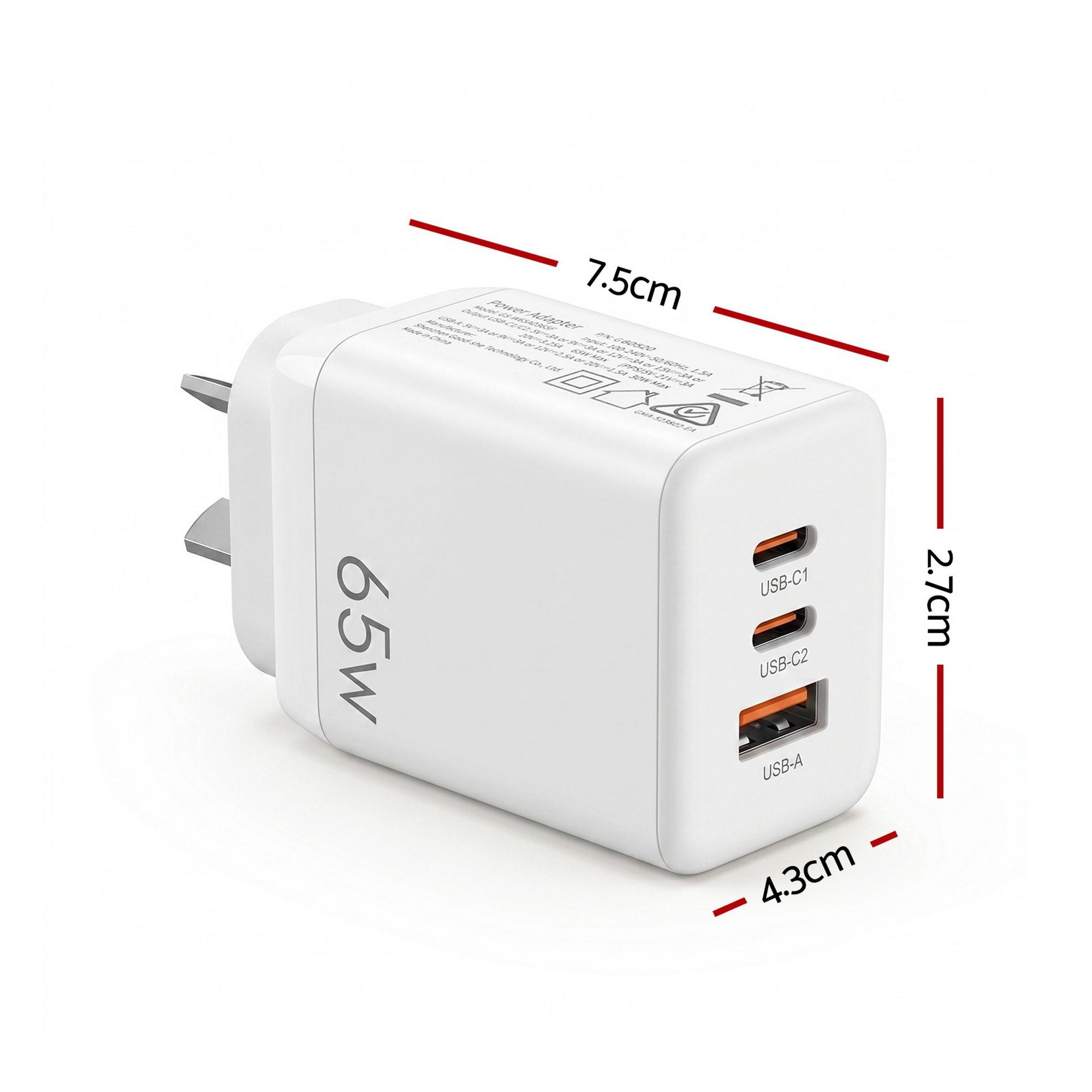 Devanti USB C Charger 65W Fast Charger 3 Port PD Wall Adapter White