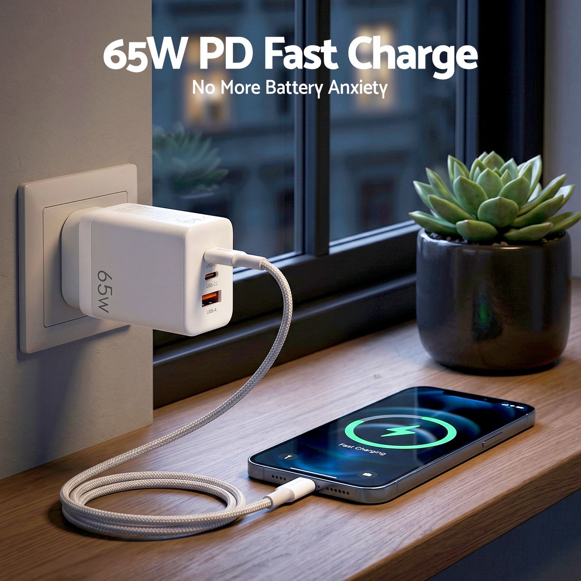 Devanti USB C Charger 65W Fast Charger 3 Port PD Wall Adapter White