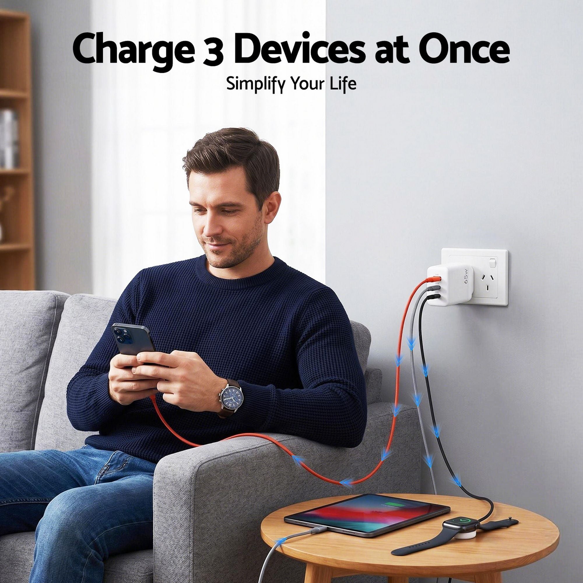 Devanti USB C Charger 65W Fast Charger 3 Port PD Wall Adapter White
