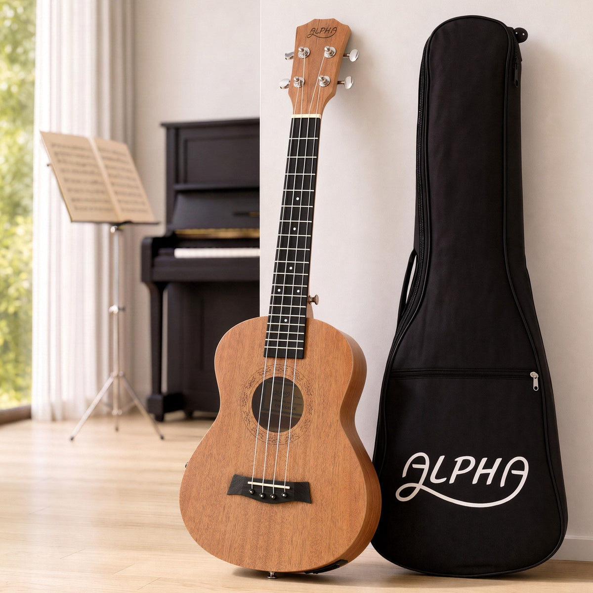 Alpha 26 Inch Solid Mahogany Tenor Ukulele Electric Acoustic, Natural