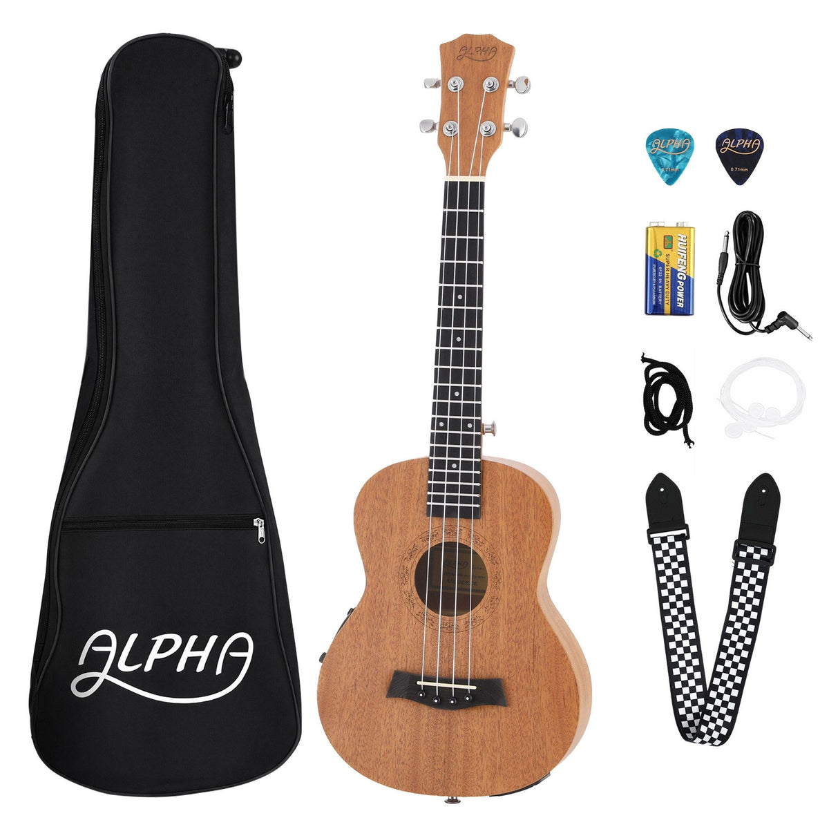 Alpha 26 Inch Solid Mahogany Tenor Ukulele Electric Acoustic, Natural