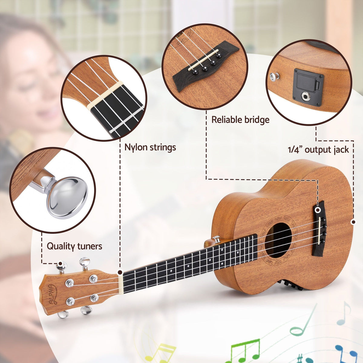 Alpha 26 Inch Solid Mahogany Tenor Ukulele Electric Acoustic, Natural