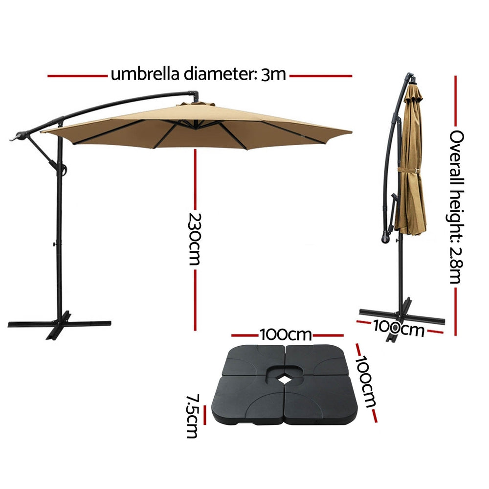 Umbrellas & Sunshades: Instahut 3m Umbrella w/Base Outdoor Cantilever Beach Garden Patio Parasol Beige
