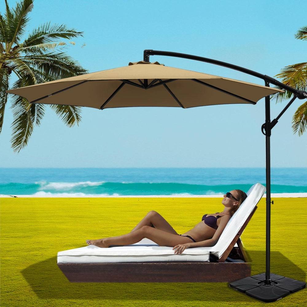 Umbrellas & Sunshades: Instahut 3m Umbrella w/Base Outdoor Cantilever Beach Garden Patio Parasol Beige
