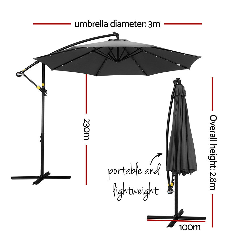 Umbrellas & Sunshades: Instahut Outdoor Umbrella 3M Cantilever Beach LED Garden Shade Patio Charcoal