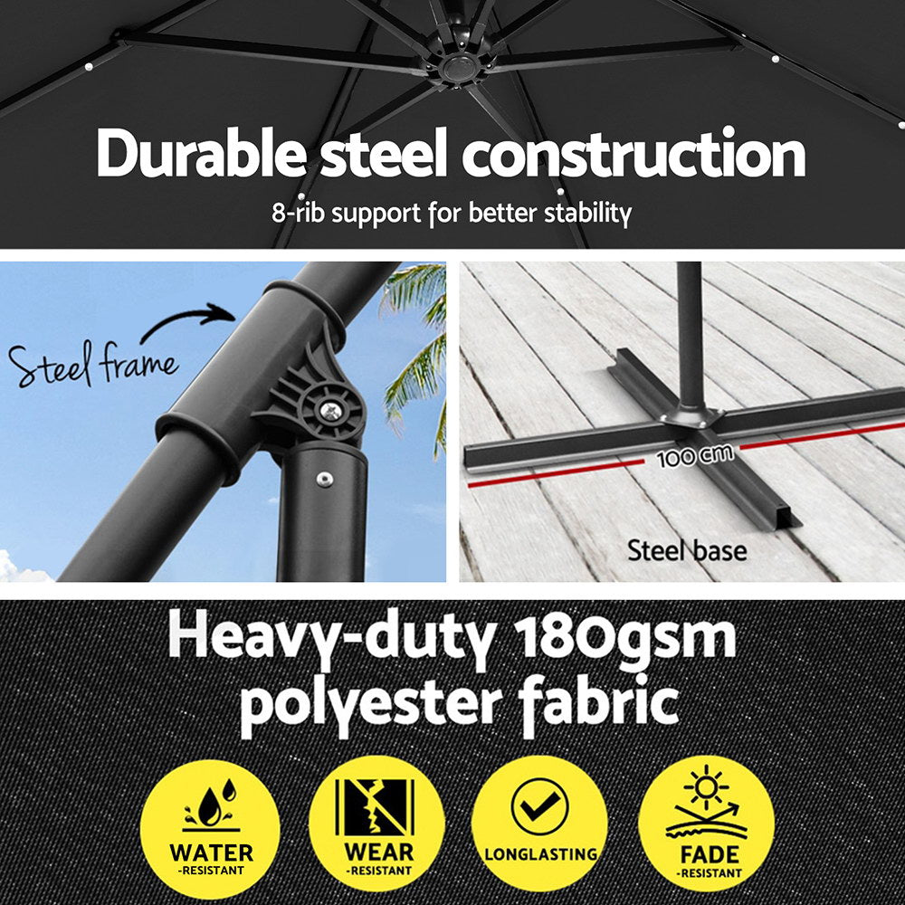 Umbrellas & Sunshades: Instahut Outdoor Umbrella 3M Cantilever Beach LED Garden Shade Patio Charcoal