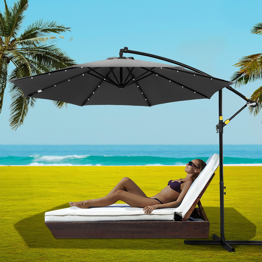 Umbrellas & Sunshades: Instahut Outdoor Umbrella 3M Cantilever Beach LED Garden Shade Patio Charcoal