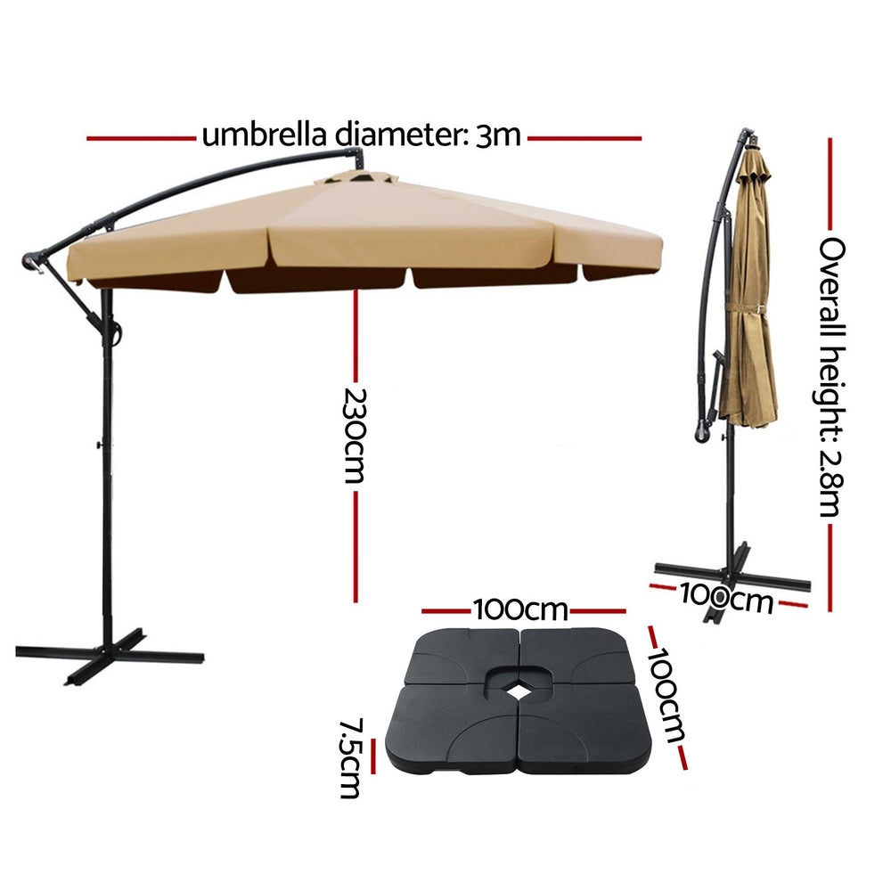 Umbrellas & Sunshades: Instahut 3m Outdoor Umbrella w/Base Cantilever Garden Beach Patio Beige