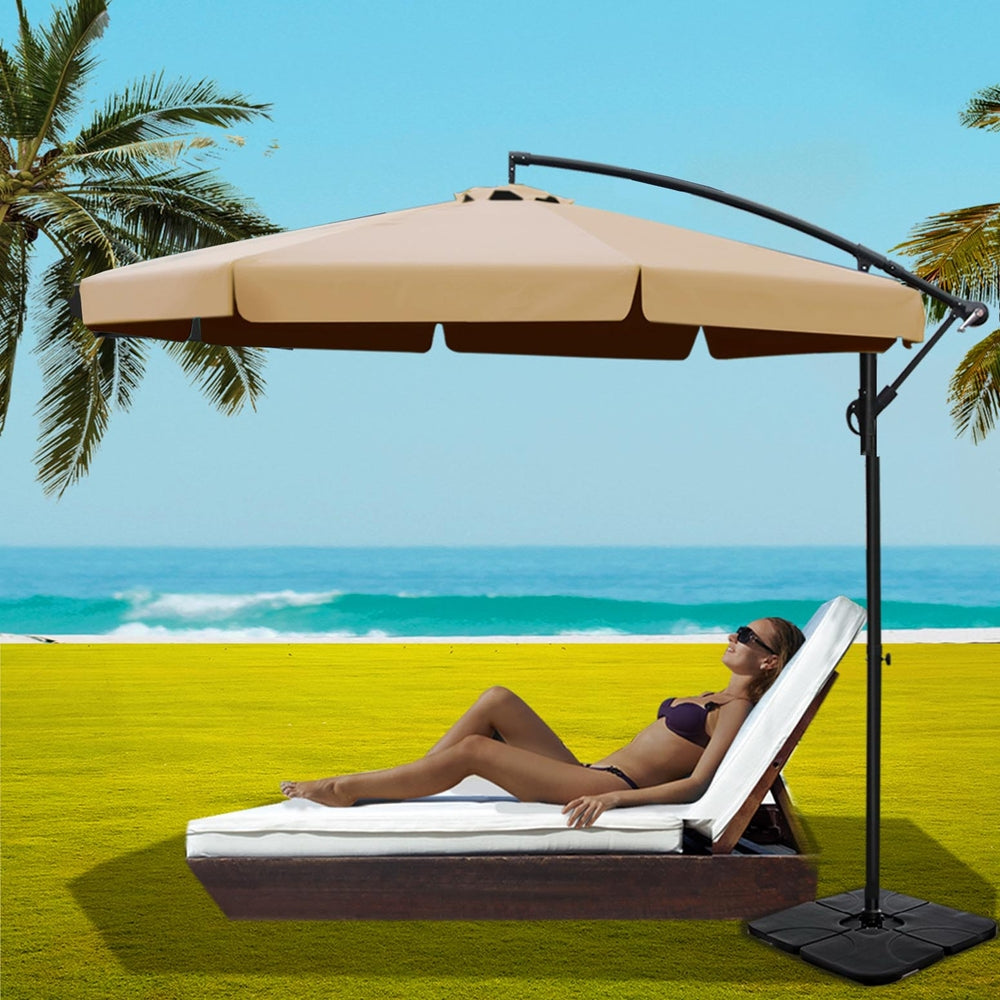 Umbrellas & Sunshades: Instahut 3m Outdoor Umbrella w/Base Cantilever Garden Beach Patio Beige