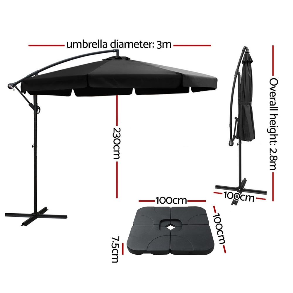 Umbrellas & Sunshades: Instahut 3m Outdoor Umbrella w/Base Cantilever Garden Beach Patio Black