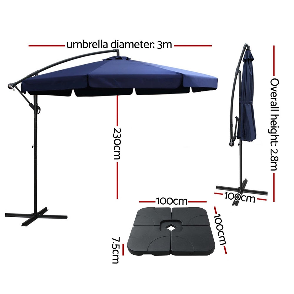 Umbrellas & Sunshades: Instahut 3m Outdoor Umbrella w/Base Cantilever Garden Beach Patio Navy