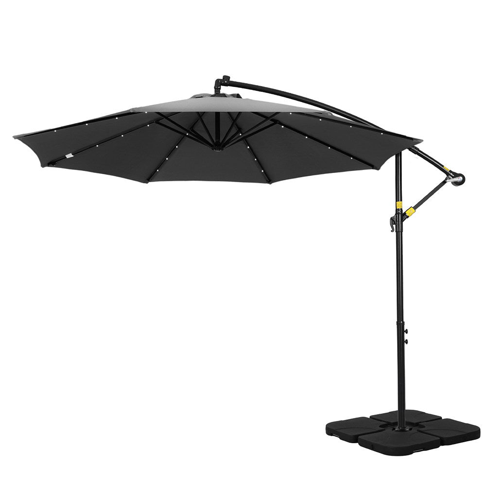 Umbrellas & Sunshades: Instahut Outdoor Umbrella 3M Cantilever Beach LED Base Garden Sun Patio Charcoal