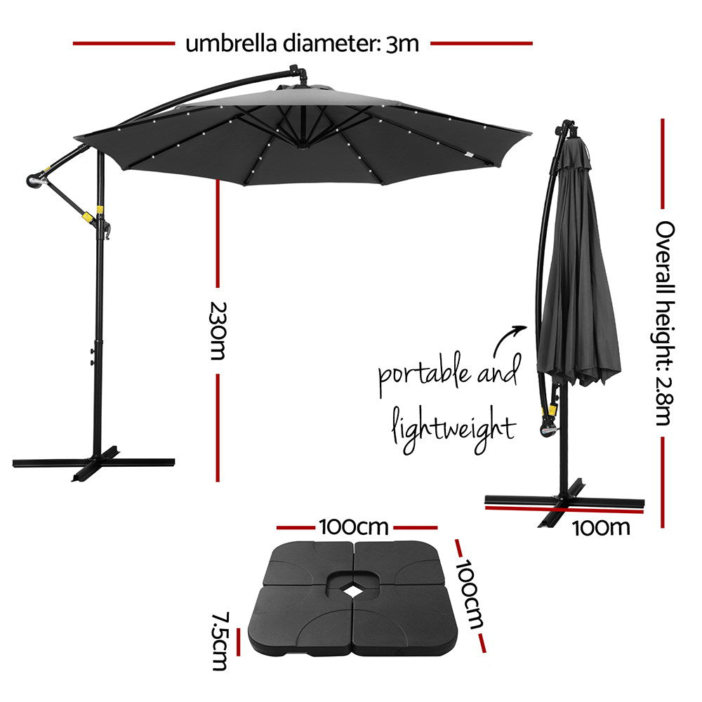Umbrellas & Sunshades: Instahut Outdoor Umbrella 3M Cantilever Beach LED Base Garden Sun Patio Charcoal