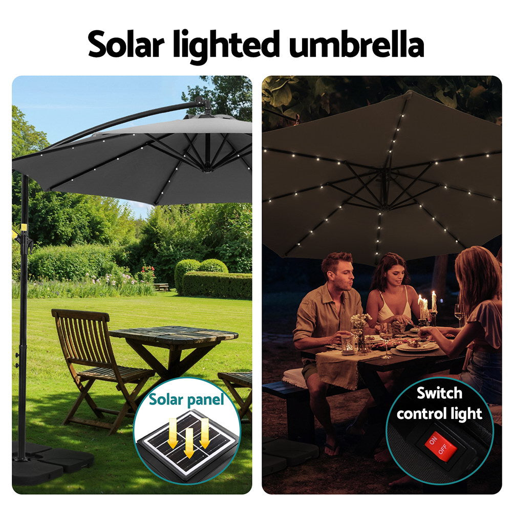 Umbrellas & Sunshades: Instahut Outdoor Umbrella 3M Cantilever Beach LED Base Garden Sun Patio Charcoal