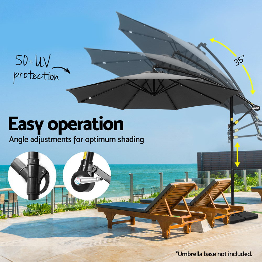 Umbrellas & Sunshades: Instahut Outdoor Umbrella 3M Cantilever Beach LED Base Garden Sun Patio Charcoal