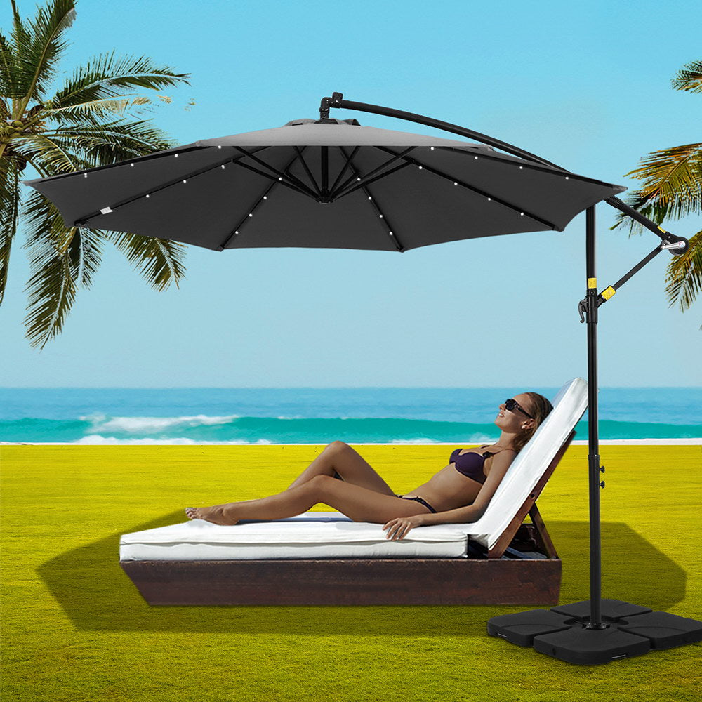 Umbrellas & Sunshades: Instahut Outdoor Umbrella 3M Cantilever Beach LED Base Garden Sun Patio Charcoal