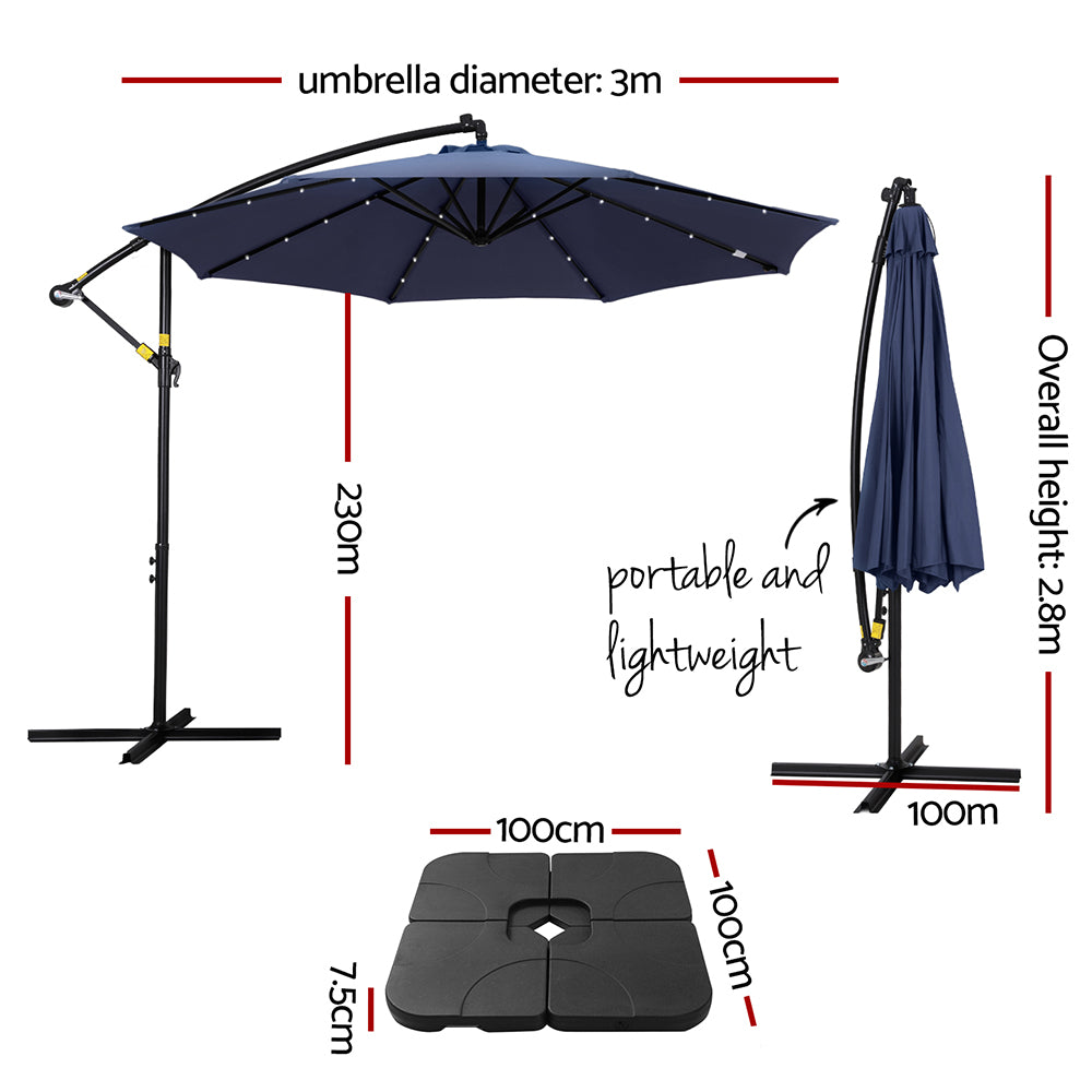 Umbrellas & Sunshades: Instahut Outdoor Umbrella 3M Cantilever Beach LED w/Base Garden Shade Patio Navy