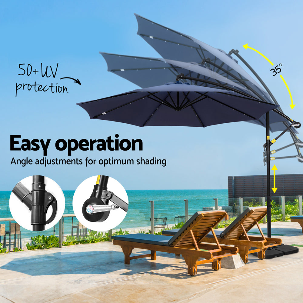 Umbrellas & Sunshades: Instahut Outdoor Umbrella 3M Cantilever Beach LED w/Base Garden Shade Patio Navy