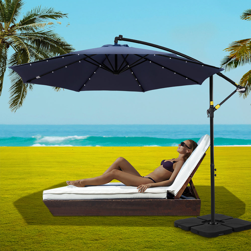 Umbrellas & Sunshades: Instahut Outdoor Umbrella 3M Cantilever Beach LED w/Base Garden Shade Patio Navy