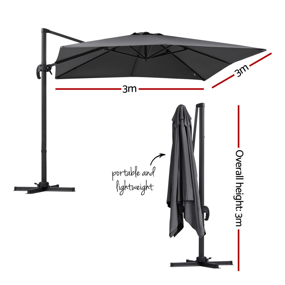 Umbrellas & Sunshades: Instahut Outdoor Umbrella 3m Umbrellas Cantilever Stand Sun Roma 360 Degree Charcoal