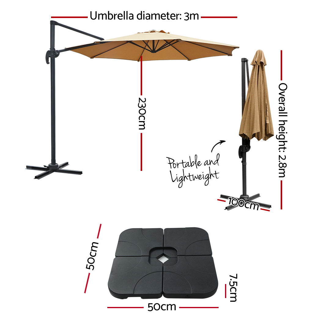 Umbrellas & Sunshades: Instahut 3m Outdoor Umbrella w/Base Cantilever Beach Roma 360 Degree Tilt Beige