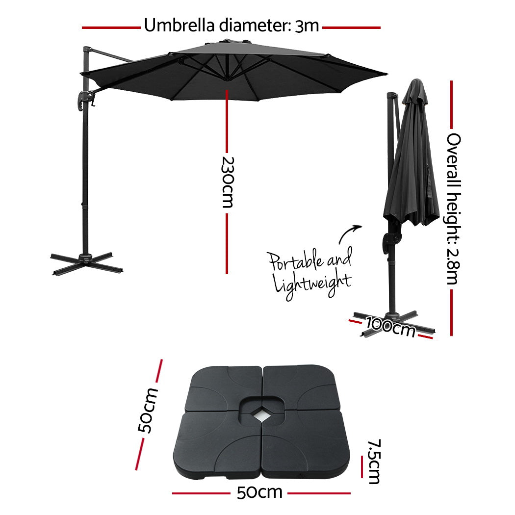 Umbrellas & Sunshades: Instahut 3m Outdoor Umbrella w/Base Cantilever Beach Roma 360 Degree Tilt Black