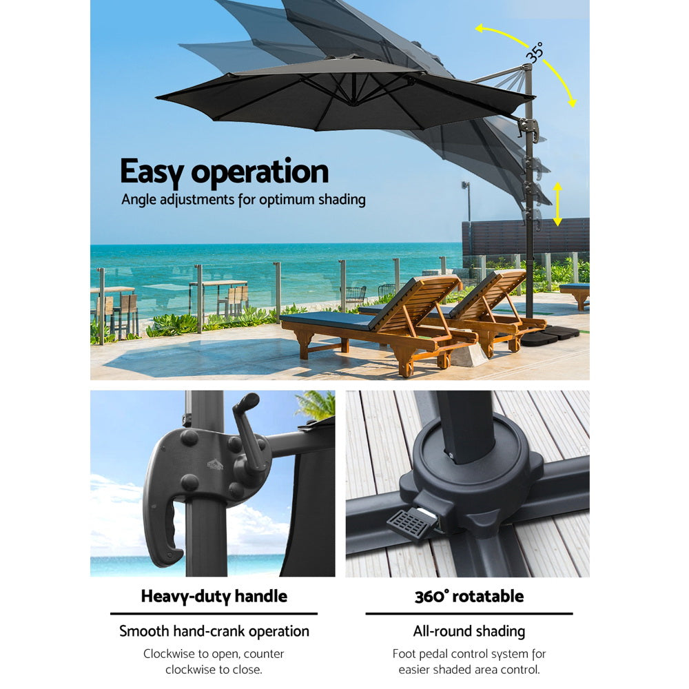Umbrellas & Sunshades: Instahut 3m Outdoor Umbrella w/Base Cantilever Beach Roma 360 Degree Tilt Black