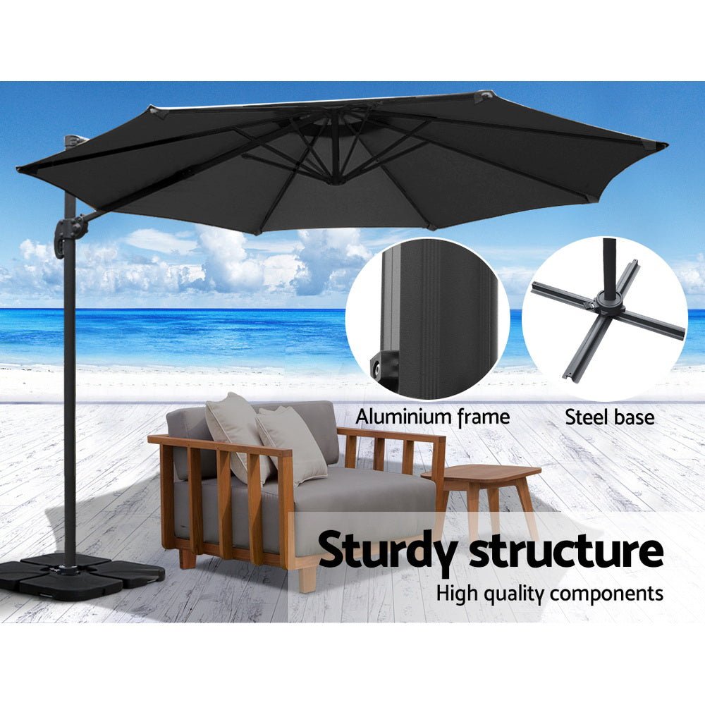 Umbrellas & Sunshades: Instahut 3m Outdoor Umbrella w/Base Cantilever Beach Roma 360 Degree Tilt Black