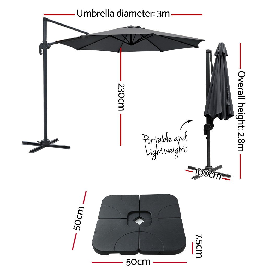 Umbrellas & Sunshades: Instahut 3m Outdoor Umbrella w/Base Cantilever Beach Roma 360 Degree Tilt Charcoal