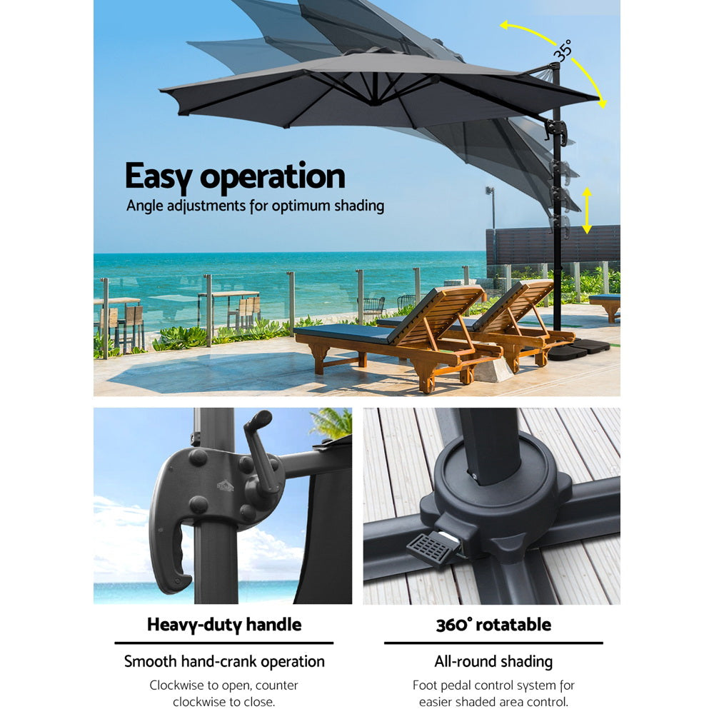 Umbrellas & Sunshades: Instahut 3m Outdoor Umbrella w/Base Cantilever Beach Roma 360 Degree Tilt Charcoal