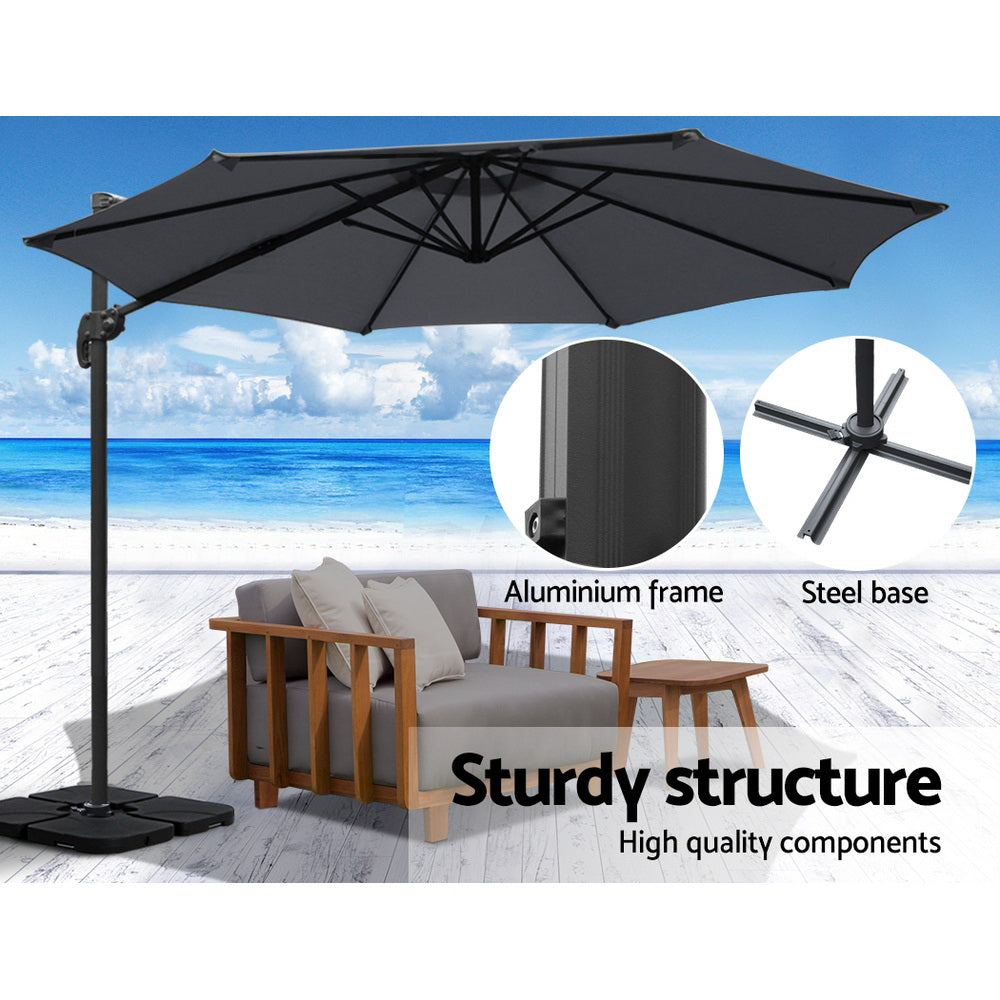 Umbrellas & Sunshades: Instahut 3m Outdoor Umbrella w/Base Cantilever Beach Roma 360 Degree Tilt Charcoal