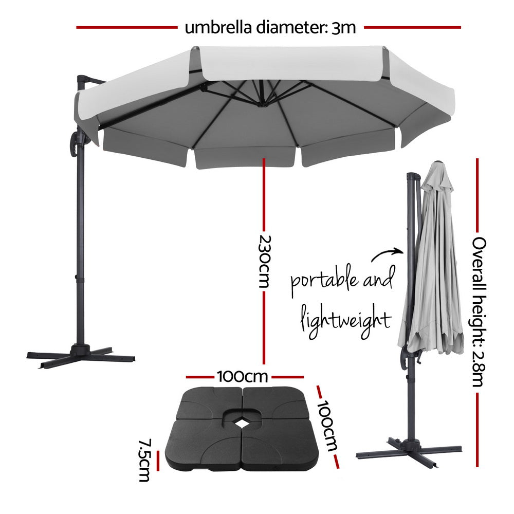 Umbrellas & Sunshades: Instahut 3m Outdoor Umbrella w/Base Cantilever Beach Roma 360 Degree Tilt Grey