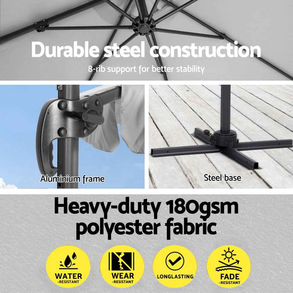 Umbrellas & Sunshades: Instahut 3m Outdoor Umbrella w/Base Cantilever Beach Roma 360 Degree Tilt Grey