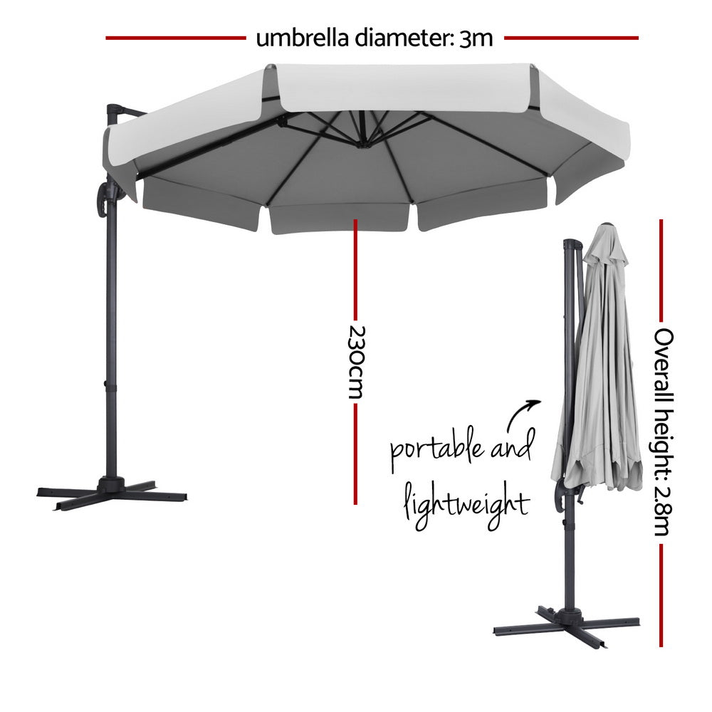 Umbrellas & Sunshades: Instahut 3m Outdoor Umbrella Cantilever 360 Degree Tilt Beach Roma Grey