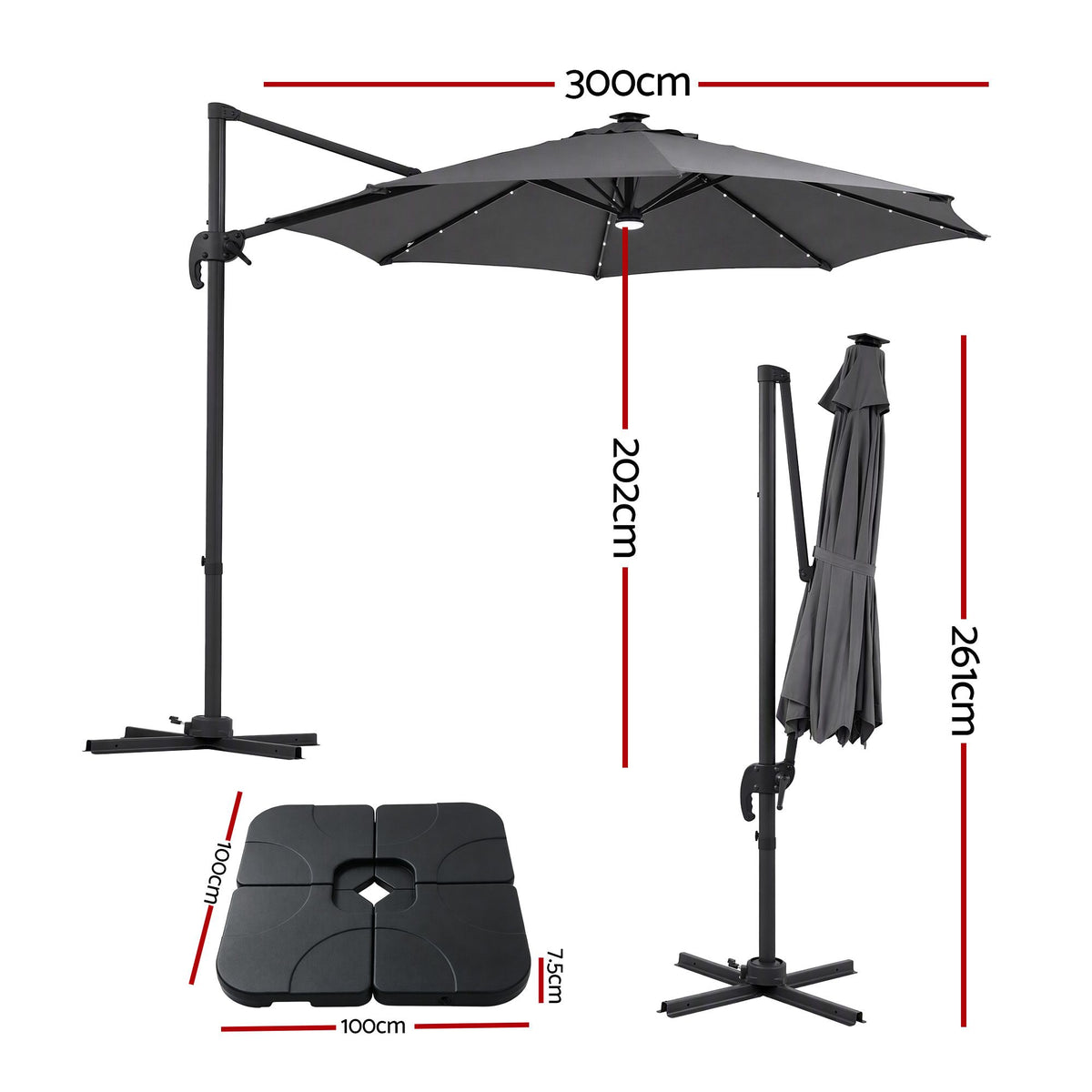 Instahut Outdoor Umbrella w/Base 3m Solar LED Offset Cantilever Patio Parasol Charcoal