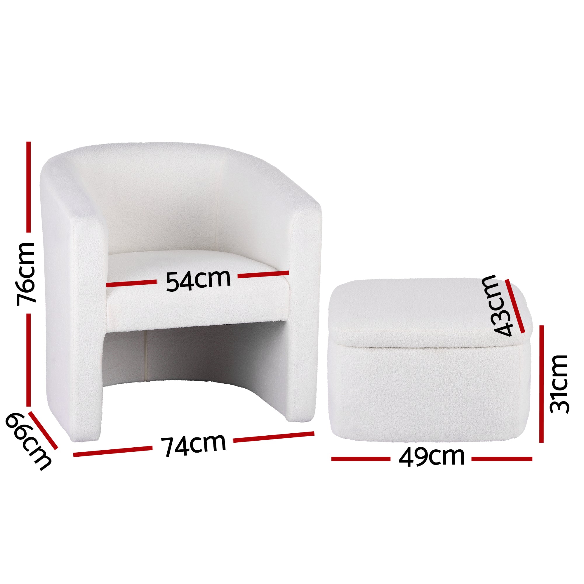 Arm Chairs & Recliners: Artiss Armchair Accent Chair w/Ottoman Lounge Footrest Storage Boucle White