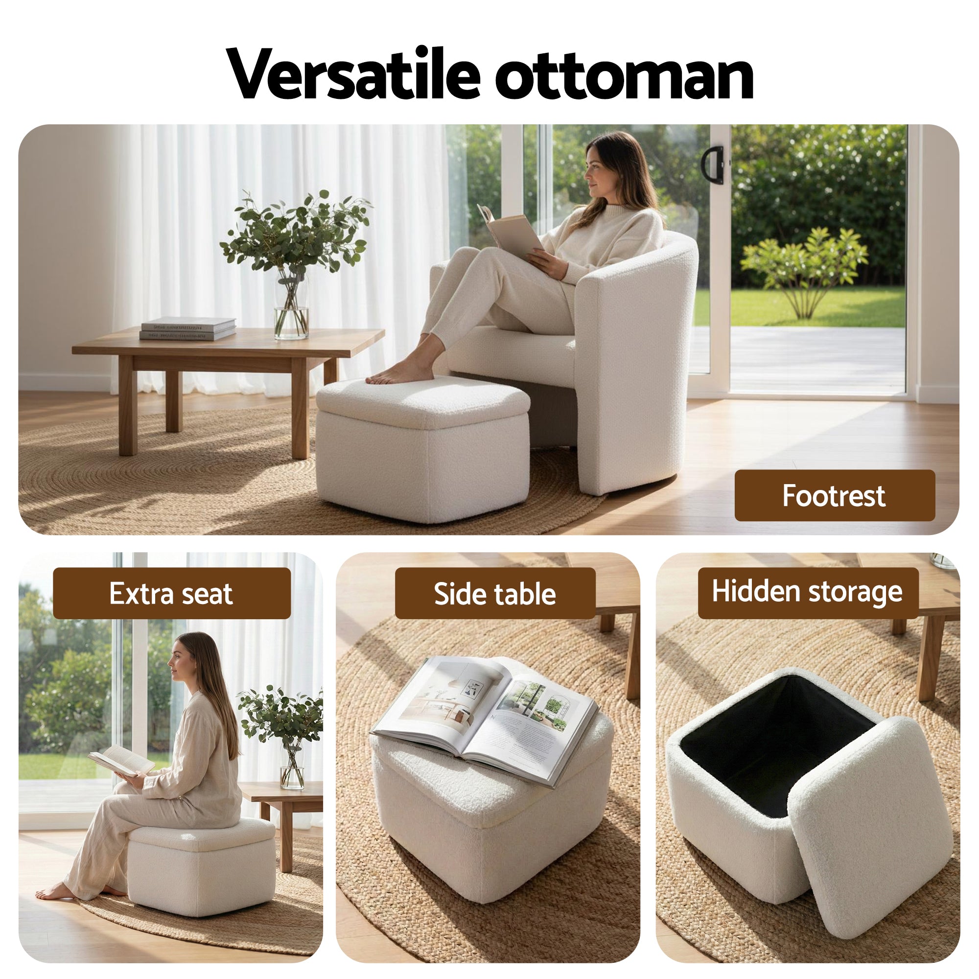 Arm Chairs & Recliners: Artiss Armchair Accent Chair w/Ottoman Lounge Footrest Storage Boucle White