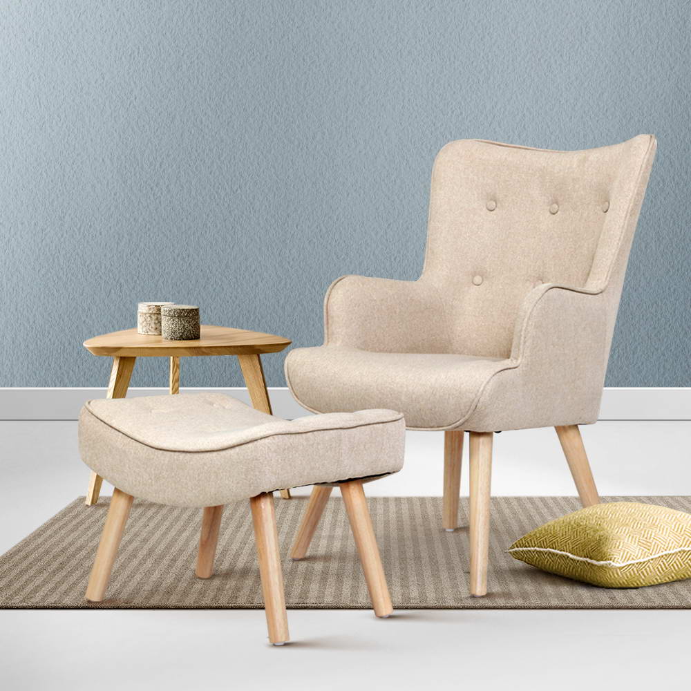 Arm Chairs & Recliners: Artiss Armchair Set with Ottoman Beige Lansar