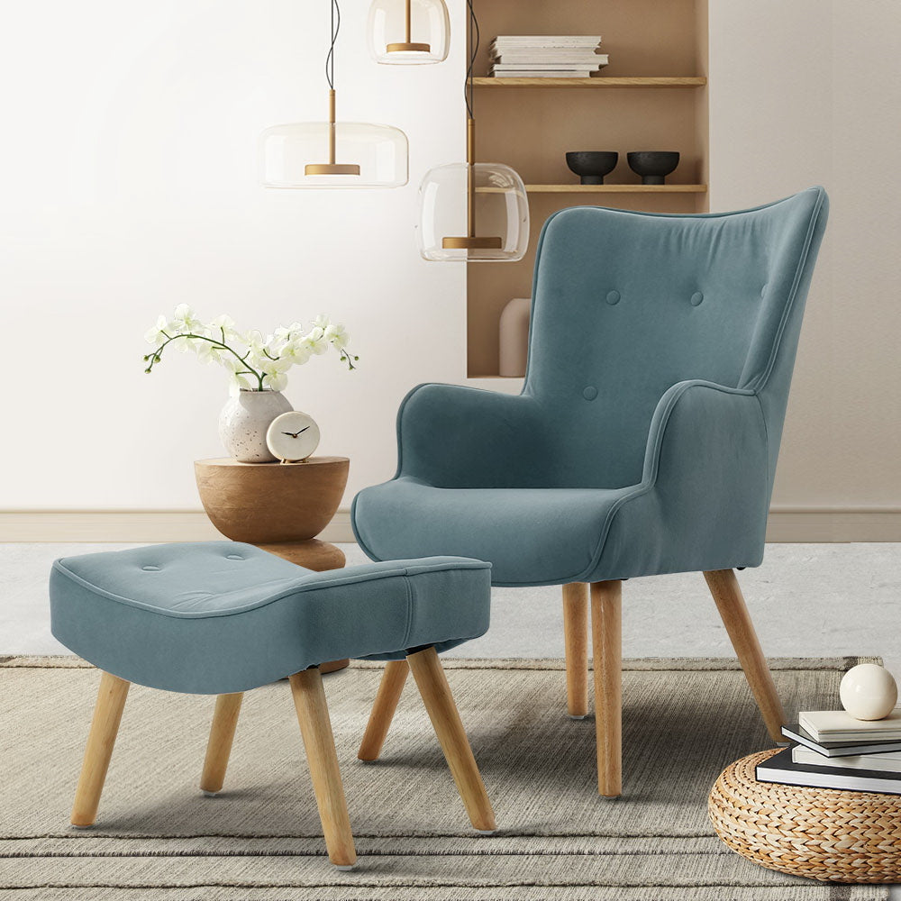 Arm Chairs & Recliners: Artiss Armchair Set with Ottoman Blue Lansar