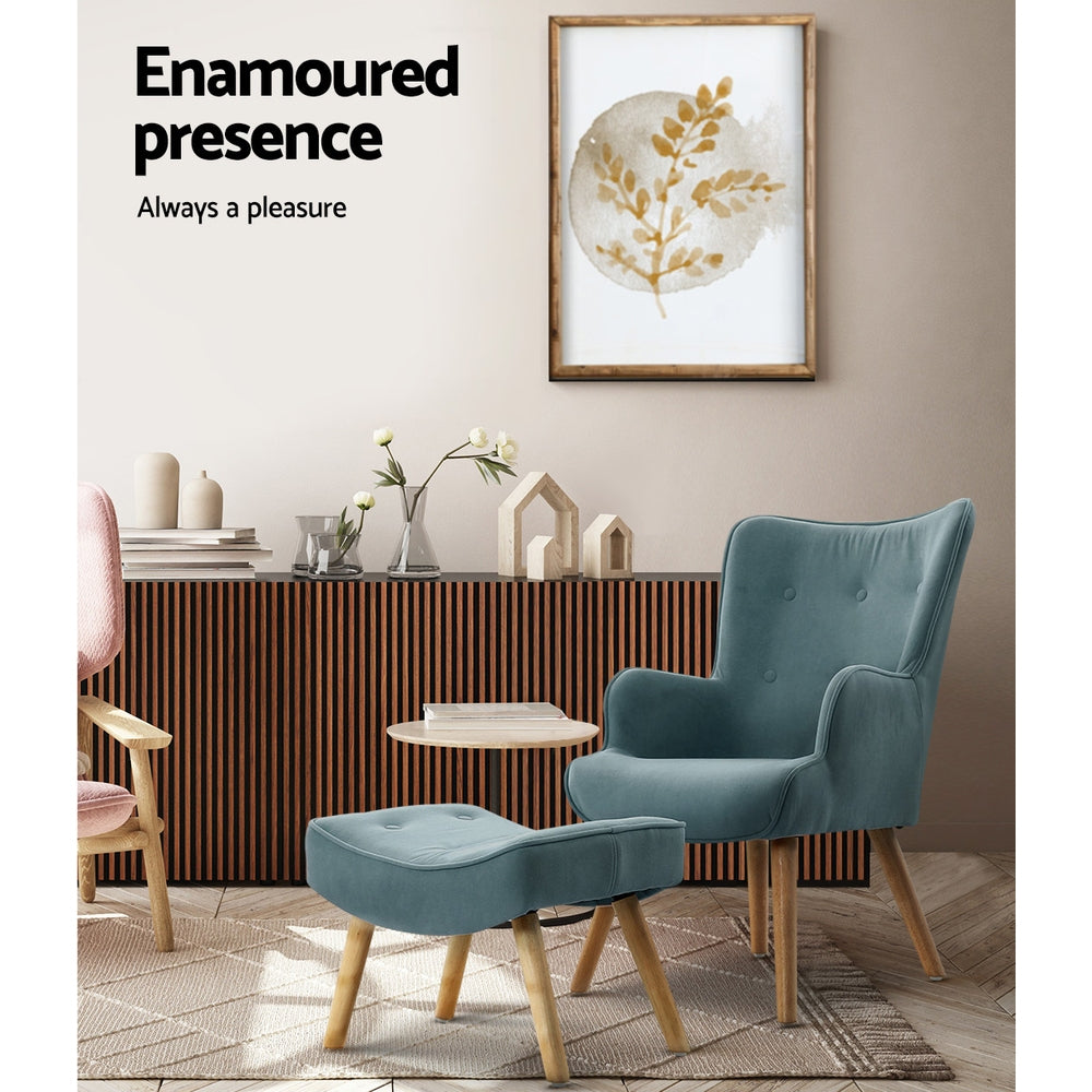 Arm Chairs & Recliners: Artiss Armchair Set with Ottoman Blue Lansar