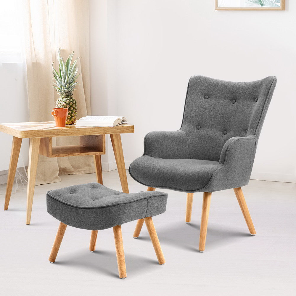 Arm Chairs & Recliners: Artiss Armchair Set with Ottoman Grey Lansar