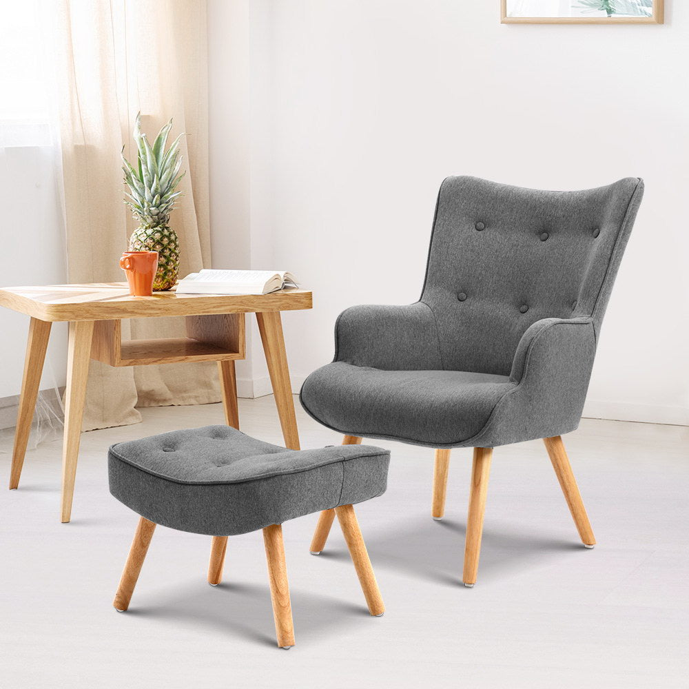 Arm Chairs & Recliners: Artiss Armchair Set with Ottoman Grey Lansar