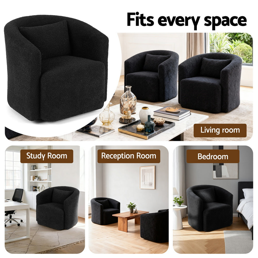 Arm Chairs & Recliners: Artiss Round Swivel Armchair Sherpa Fleece Black
