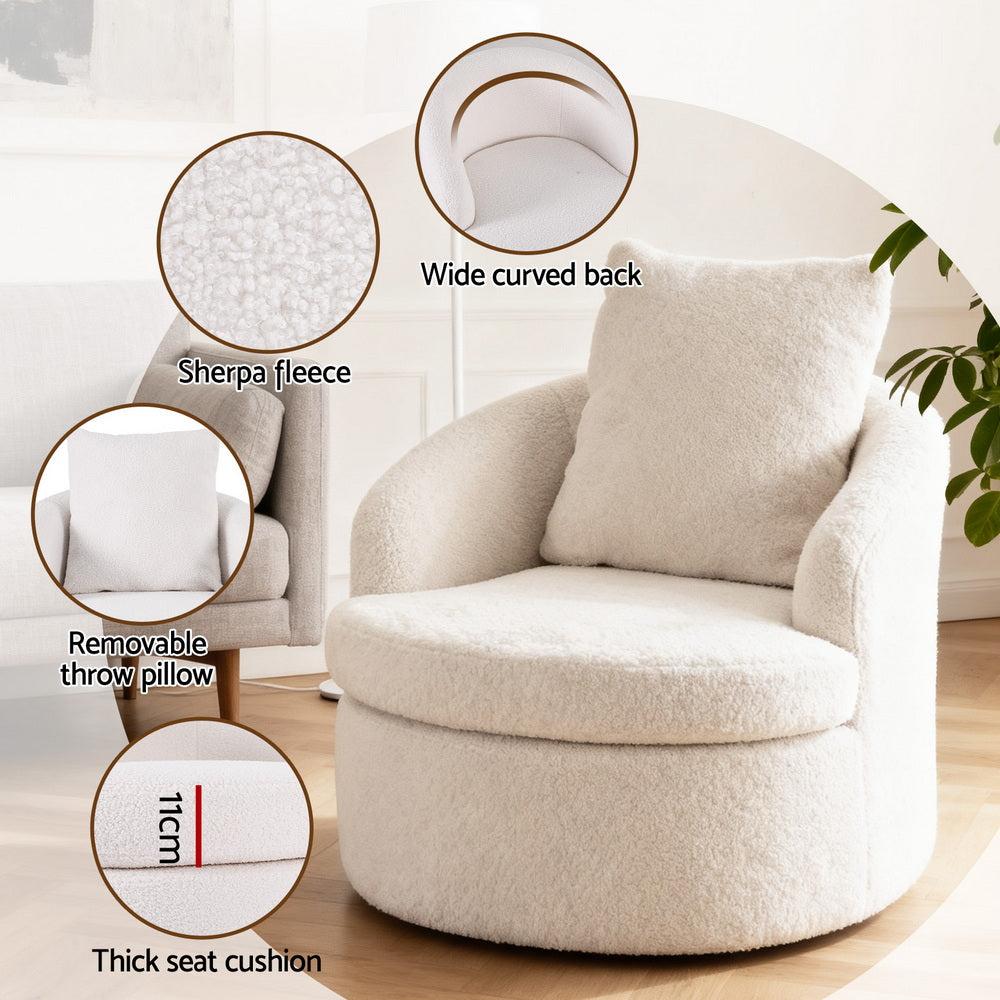Arm Chairs & Recliners: Artiss Round Swivel Armchair Extra Pillow White