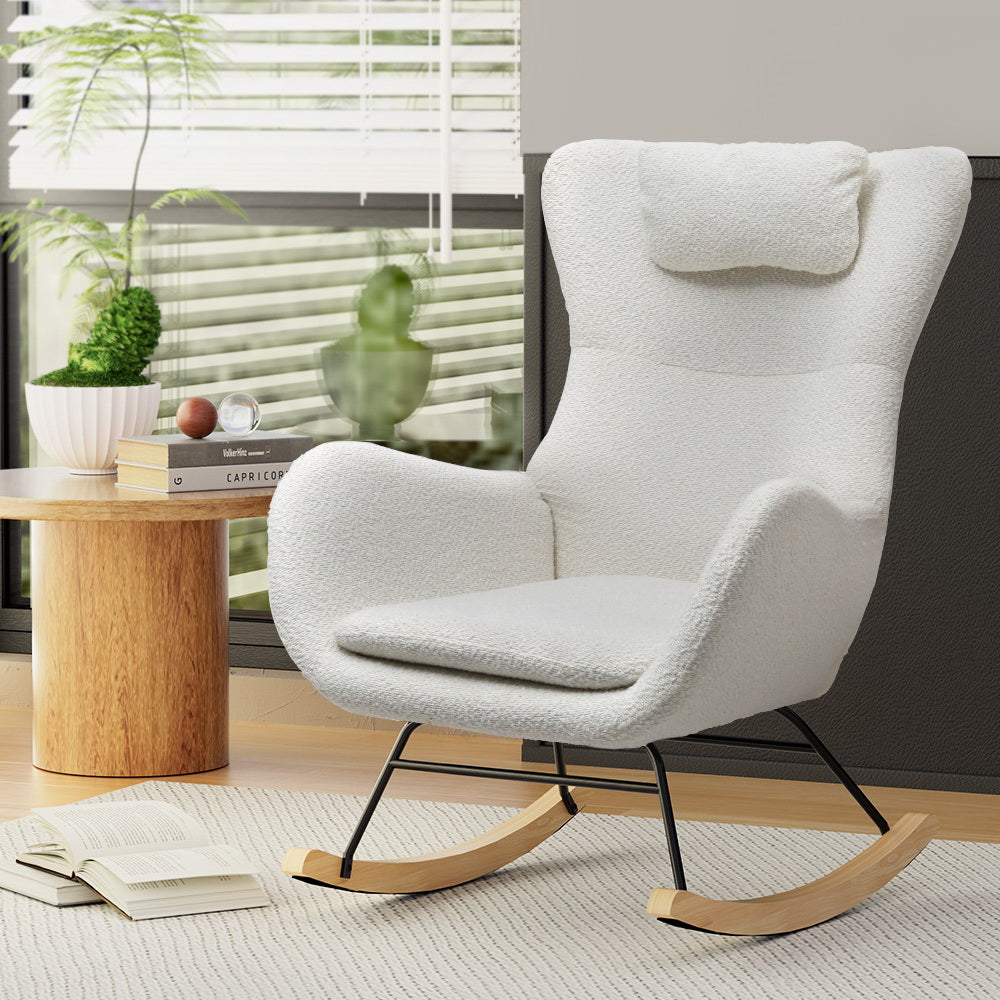 Arm Chairs & Recliners: Artiss Rocking Chair Armchair Pillow Boucle White